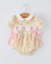 Load image into Gallery viewer, Rylee Faith Easter Bunny Embroidery Smocking Romper
